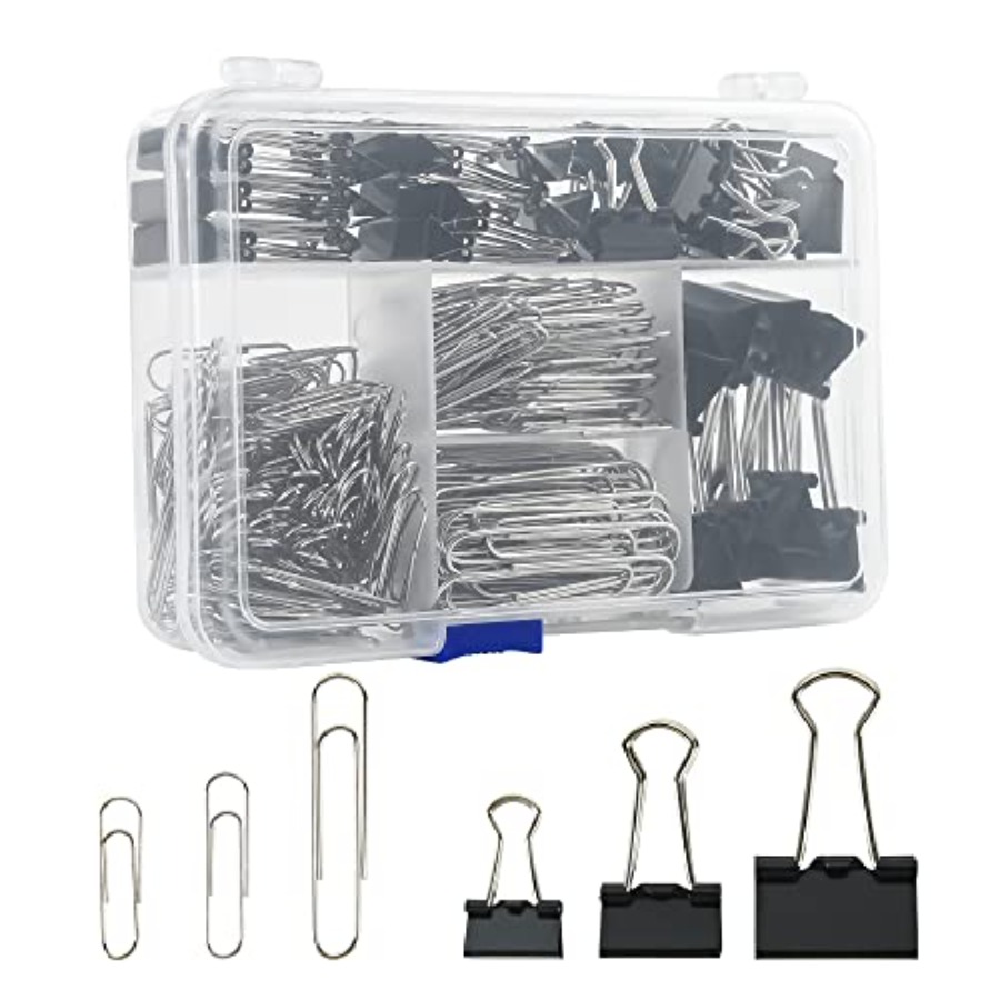 Binder Clip Assorted - 様々なサイズのバインダークリップとジャンボペーパークリップセット - 340個入り ブラック、オフィスや学校用品に最適な大型サイズ、容器入り