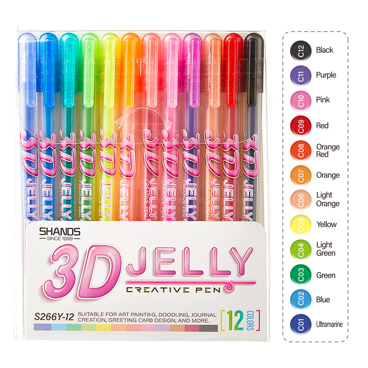 Gel Ink Pen Set - SHANDS 12本入り3Dゼリーゲルペンセット、1.0mm太字、鮮やかなインク、速乾性と滑らかさで描画、ジャーナリング、新学期に最適