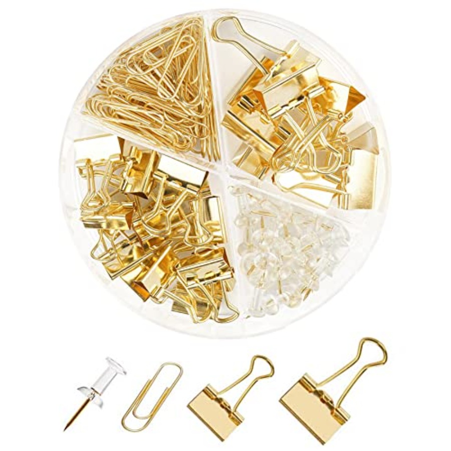 Binder Clip Assorted - 紙製バインダーとクリップセット、金属製の各種サイズのバインダーとプッシュピン、かわいい事務用品、先生の机に欠かせないもの、デスクアクセサリー