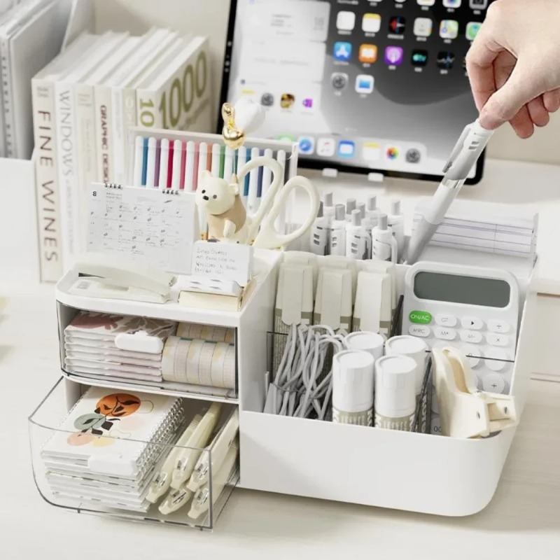Ideal Stationery & Office Supply - 1個入りデスクトップ化粧品オーガナイザー、引き出し付きペンホルダー、文房具収納ラック、オフィスデスクの文房具整理に最適