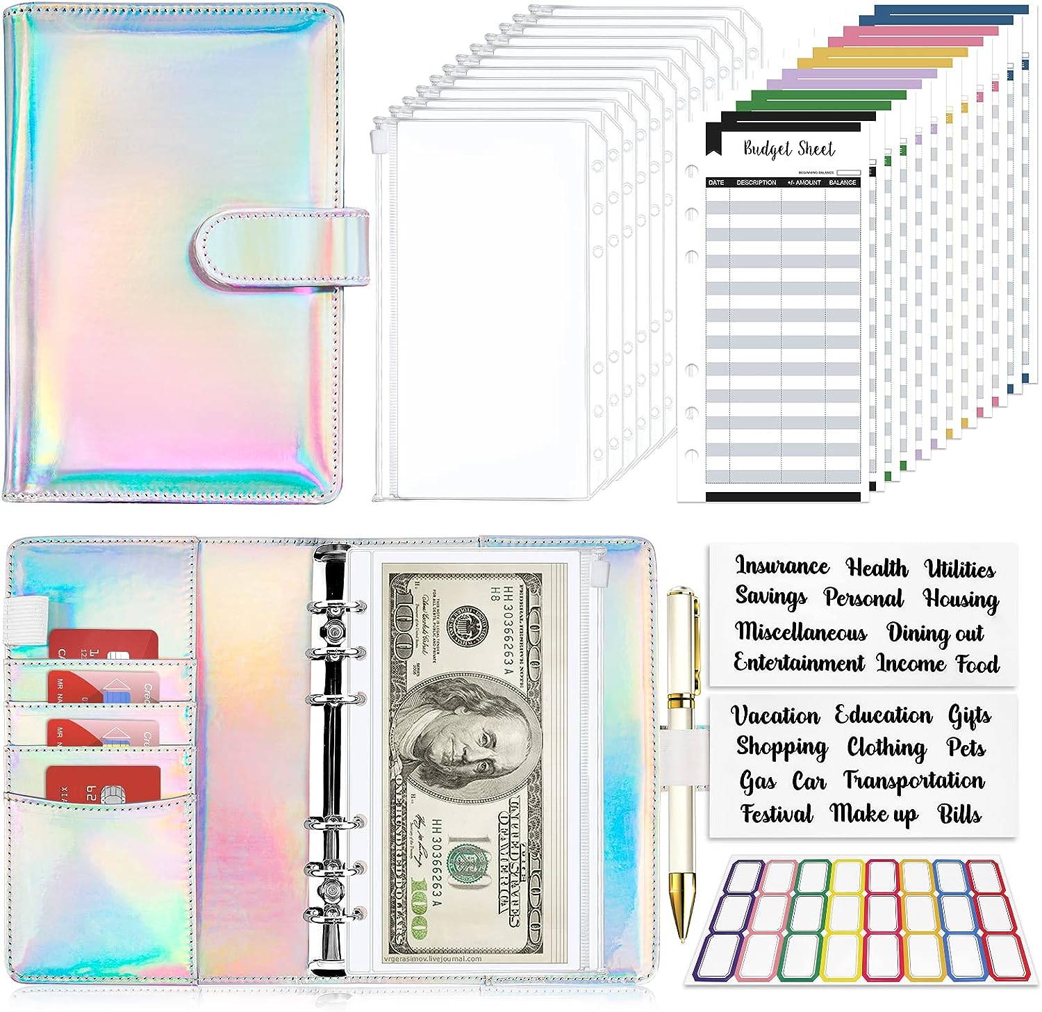 Planner Weekly Budget - 2023 レーザー予算バインダージッパー封筒オーガナイザー現金封筒予算節約マネー A6 プランナー 6 ポケットアクセサリー