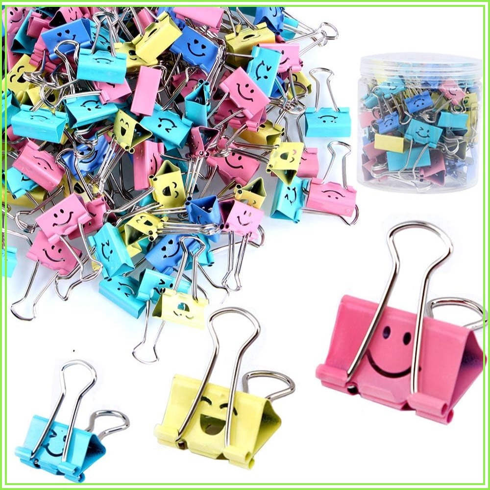 Binder Clip Assorted - 80個入りアソートバインダークリップ、かわいいスマイルフェイスペーパークランプ、防錆金属製、3サイズ展開、オフィス、学校、キッチン用