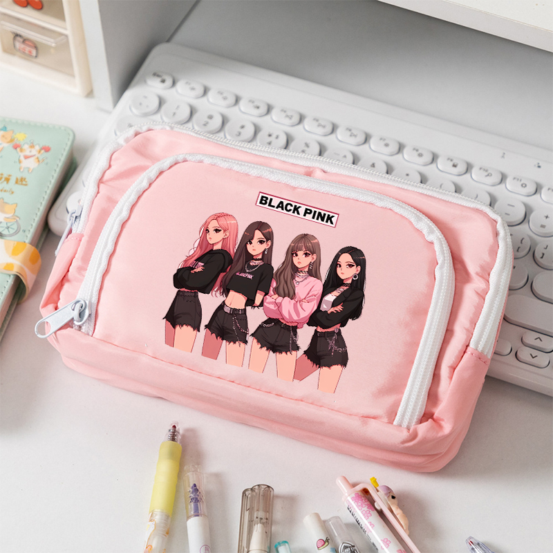 Stationery Warehouse - ブラックピンク大容量キャンバス鉛筆ケース学生用 Kpop BP 漫画プリントペンバッグファッション文具収納ポーチギフト