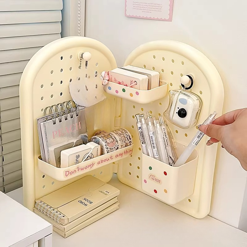Ideal Stationery & Office Supply - かわいい折りたたみ式コーナーペグボードデスクオーガナイザー、取り外し可能なビンとフック付き、オフィスや学習机に最適なカワイイ文房具収納