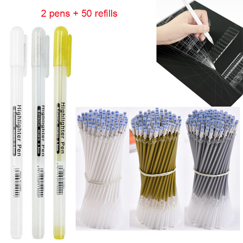 Gel Ink Pen Set - 2個リフィル/セット、ゴールド/ホワイト/シルバー描画アニメーションデザインホワイトリフィル学生書道ブラックカード0.8mm